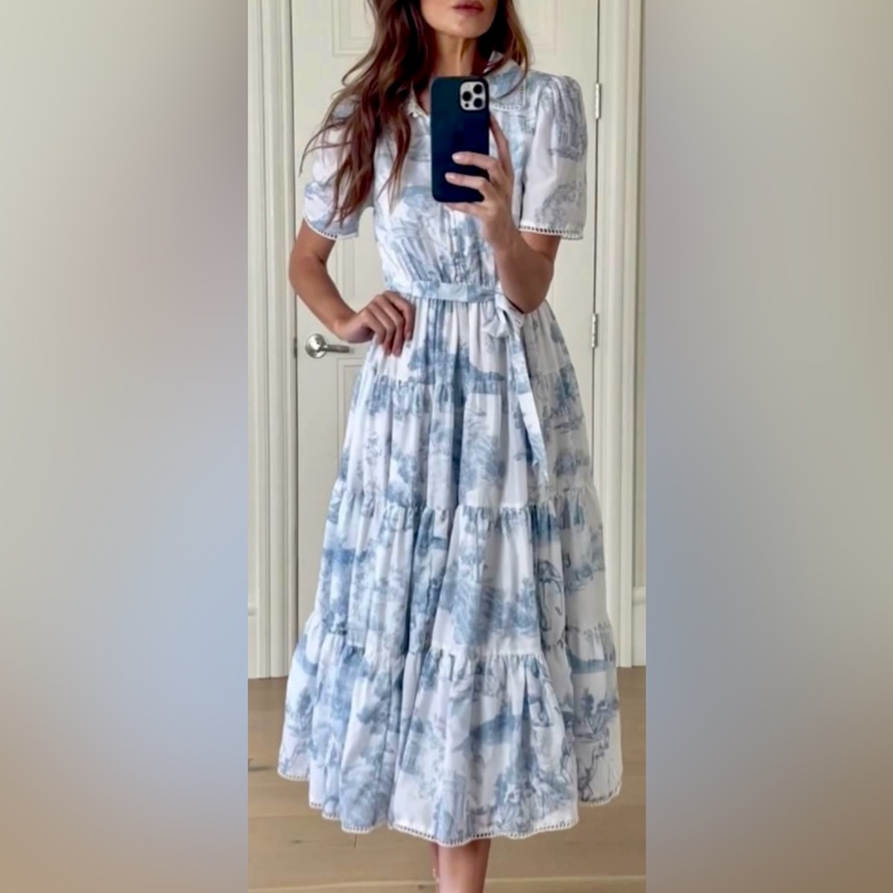 JessAkae Easter Daybreak Short Sleeve Tiered Midi Dress Parisian Print